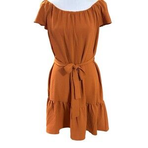 DKNY Burnt Orange Ruffled‎ Tie Front Dress With Cap Sleeves Sz 8
